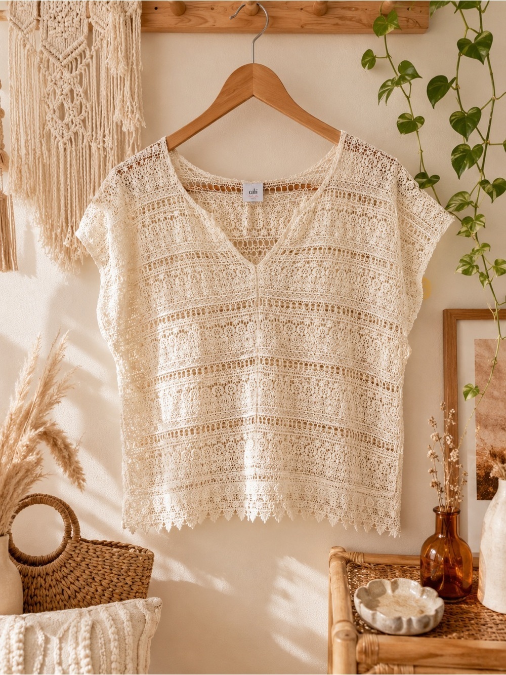 CAbi Cream Lace Women's Blouse Bathing Suit Coverup Boho Large Oversized